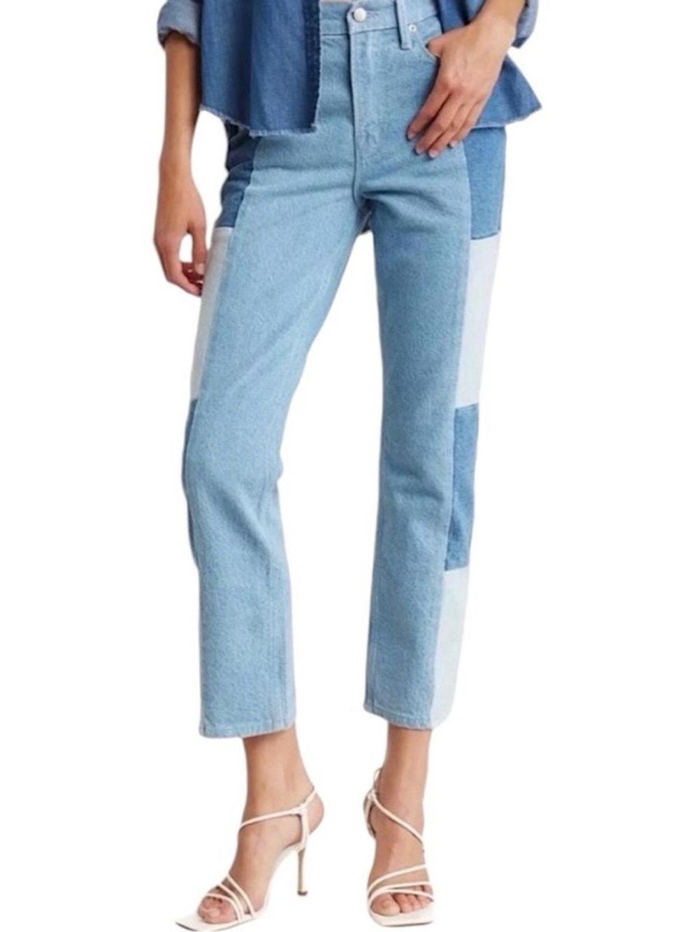 Good American size 18 Light Blue Patchwork Straight-Leg Jeans - Women's